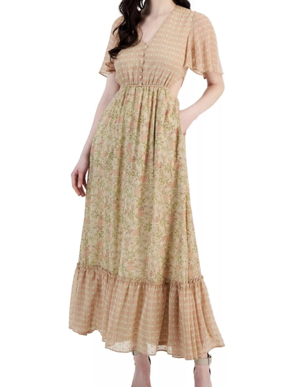 Taylor Pink Floral V-Neck Cut-Out Maxi Dress Short Flutter Sleeves